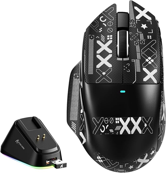 MAMBASNAKE×Attack Shark V6 65g Lightweight RGB Gaming Mouse with Magnetic Charging Dock, BT/2.4G Wireless/Wired 1K Polling Rate, 25K DPI, Programmable Mice for PC/Mac/Laptop(Black&Stickers)