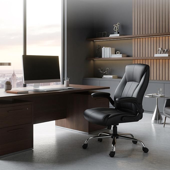 Big and Tall Office Chair for Heavy People, 500LBS High Back Extra Wide Executive PU Leather Office Chair with Flip-Up Armrests, Quiet Rubber Wheels, Comfortable Home Office Desk Chair (Black)