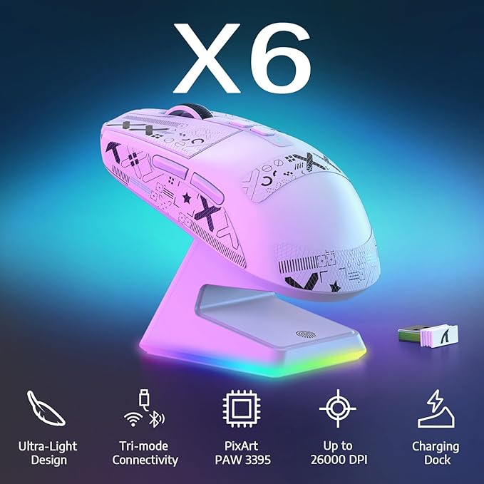 MAMBASNAKE Attack Shark X6 Wireless Gaming Mouse,RGB Magnetic Charging Dock,X3 Upgrade, 49g Ultralight 2.4GHz/BT5.2/USB-C Tri-Mode,PAW3395 Sensor 26KDPI,G502 Programmable Mice for Win/Mac-White&Tape