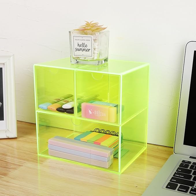 Gelite Desk Organizer with 3 Storage Drawers for Makeup Office Acrylic Desktop Drawer Organizer for Vanity Office Organization and Storage Box, Neon Green