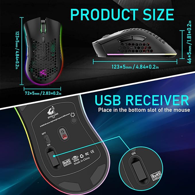 Wireless Lightweight Gaming Mouse Honeycomb with 7 Button Multi RGB Backlit Perforated Ergonomic Shell Optical Sensor Adjustable DPI Rechargeable 800 mAh Battery USB Receiver for PC Mac Gamer(Black)