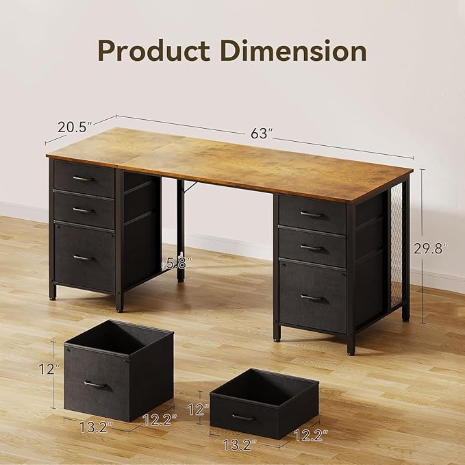 Casaottima 63 Inches Computer Desk with 6 Fabric Drawers, Modern Office Desk with Large Storage for Home Office, Study, Vintage