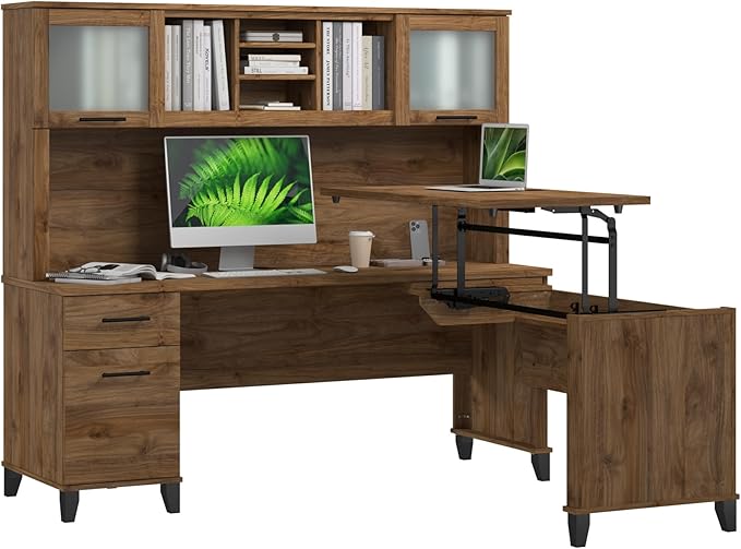Bush Home Somerset 72W 3 Position Sit to Stand L Shaped Desk with Hutch in Fresh Walnut | Adjustable Height Table for Home Office