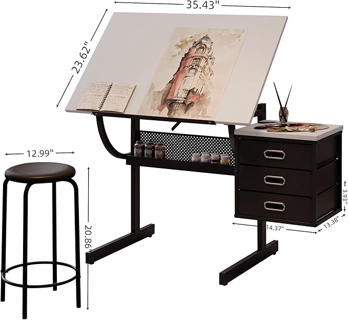Drafting Table Art Table Adjustable Drawing Table Tilted Tabletop, Craft Table, with Storage Drawers and Stool, Crafting Desk with Storage for Painting Diamond Reading Writing Study (White A)