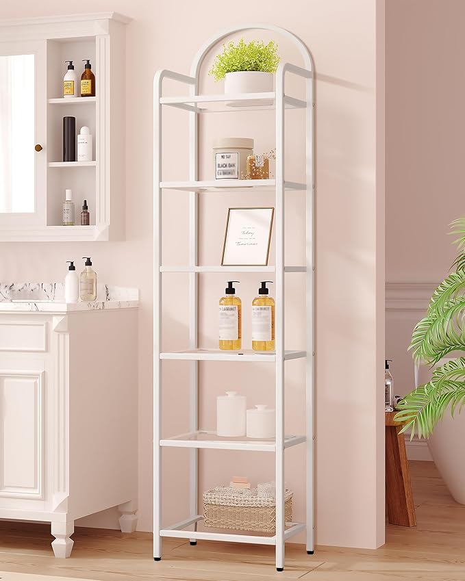 Hzuaneri Bookcase Bookshelf, Tempered Glass Bookshelves, Slim Shelving Unit for Bedroom, Bathroom, Home Office, Steel Frame, 6 Tier White BC10699W