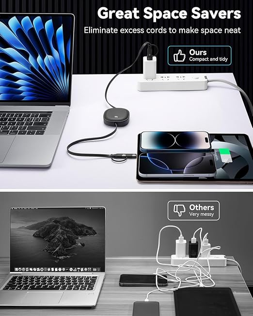 5 in 1 Retractable USB Type C Cable, 100W Multi Fast Charging Cable 5A Charging Cord USBC Charger with USB C/A to C/Lightning Travel Charger for iPhone 17 16 15 14,MacBook,iPad,Samsung S24 S23-3.86FT