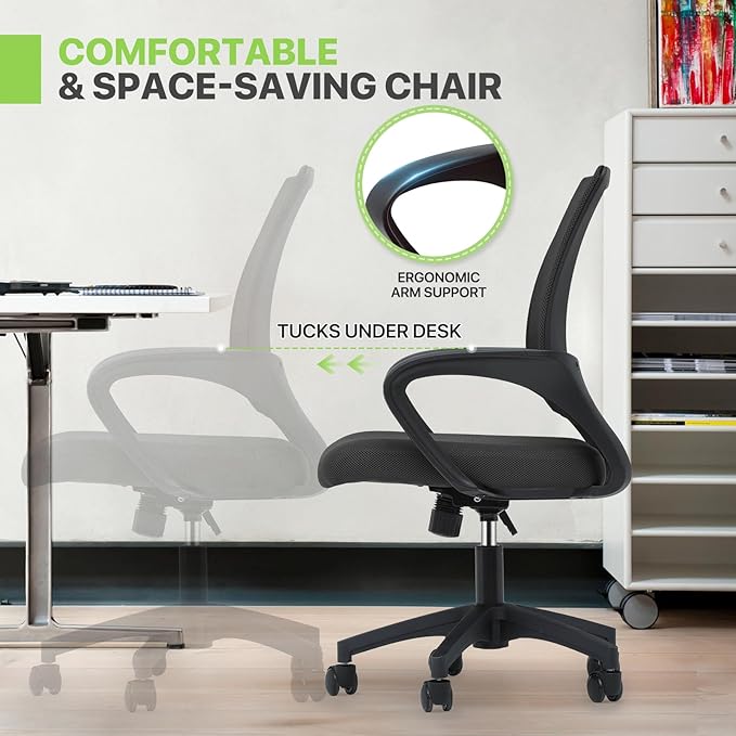 Magshion Office Chair Pack of 2, Ergonomic Mid-Back Mesh Desk Chair, Rolling Computer Chair with Lumbar Support & Comfy Armrests for for Gaming, Work, Study, 300 Lbs Capacity, Black