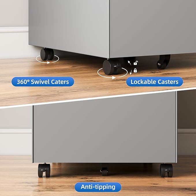 Dripex 3 Drawer Grey File Cabinet, Mobile Under Desk Storage File Cabinet with Lock on Wheels, Fully Assembled, Letter/Legal Size, Small Short Vertical Metal Rolling Filing Cabinets for Home Office