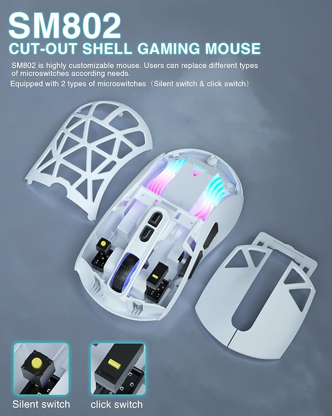 SOLAKAKA SM802 White Wireless Gaming Mouse,10000 DPI,Tri-Mode Wired/BT 5.0/2.4GHz Wireless Mouse Gaming with Side Button,RGB Programmable Macro Mouse for Laptop