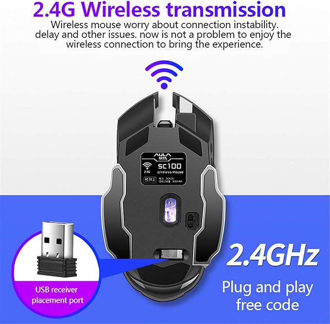 AULA SC100 Silent Wireless Gaming Mouse Rechargeable, with Side Buttons, LED Backlit, DPI Adjustable, 2.4G Wireless Optical Computer Mice Punk Cool Mouse for Games/Work (Black)