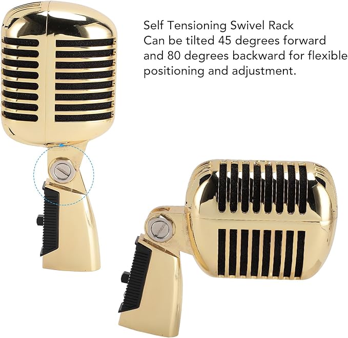 Classic Retro Microphone, Vintage Dynamic Microphone, Zinc Alloy Self Tensioning Rotating Rack, Unidirectional Cardioid Mic, Universal Stand Compatible (Golden)