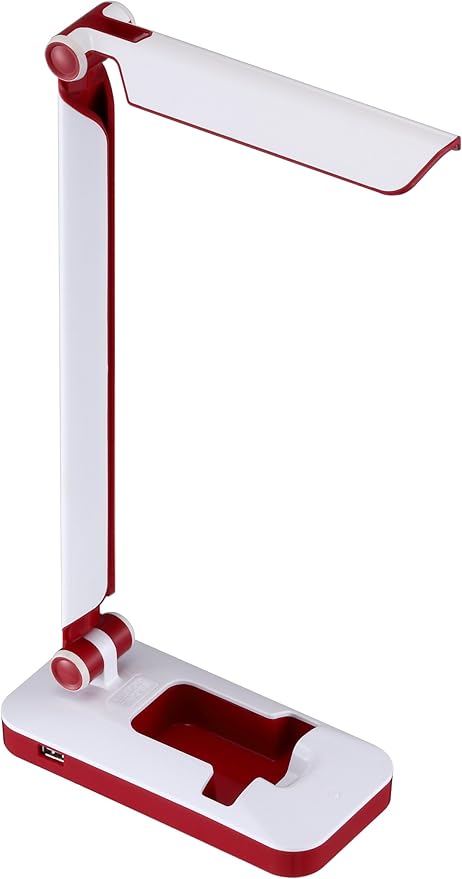 Black and Decker Office LED3FOLD-WHTRED PureOptics Verve 5W Flicker-Free Natural Daylight LED Desk Lamp with USB Charging Port, Phone Stand, 2 Dimming Levels (267 Lumens), 16" x 9" x 3.5" , White/Red
