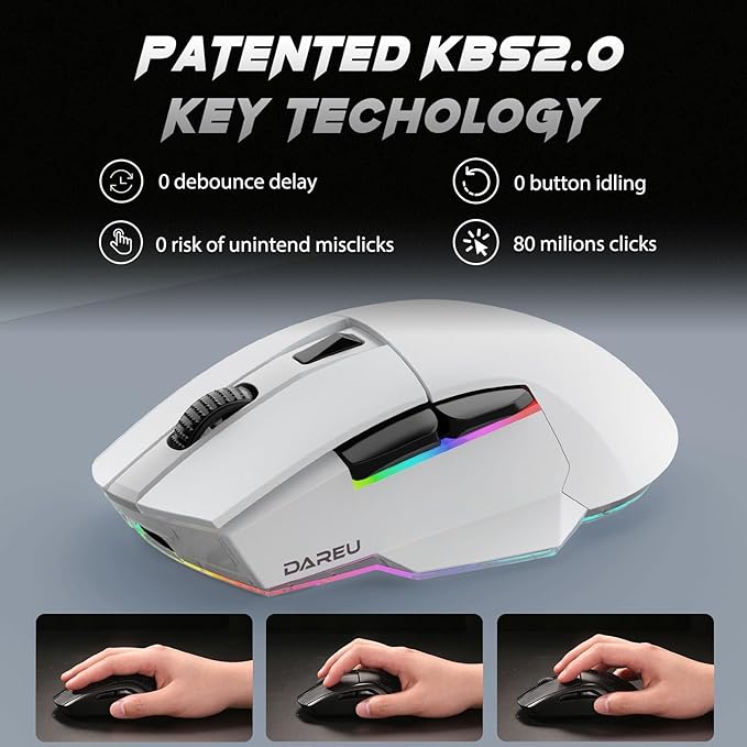 DAREU A955 Wireless Gaming Mouse with RGB Charging Dock: Tri-Mode 2.4G/USB-C/BT Mouse Up to 12K DPI Optical Sensor -KBS II Buttons Fully Programmable- 120 Hr Battery