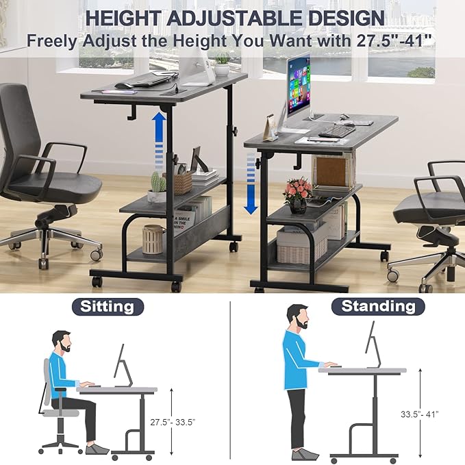 Armocity Rolling Standing Desk with Power Outlets, 39" Manual Height Adjustable Mobile Computer Desk with Wheels, Small Portable Sit Stand Laptop Couch Table for Bed & Sofa Home Office, Grey Oak