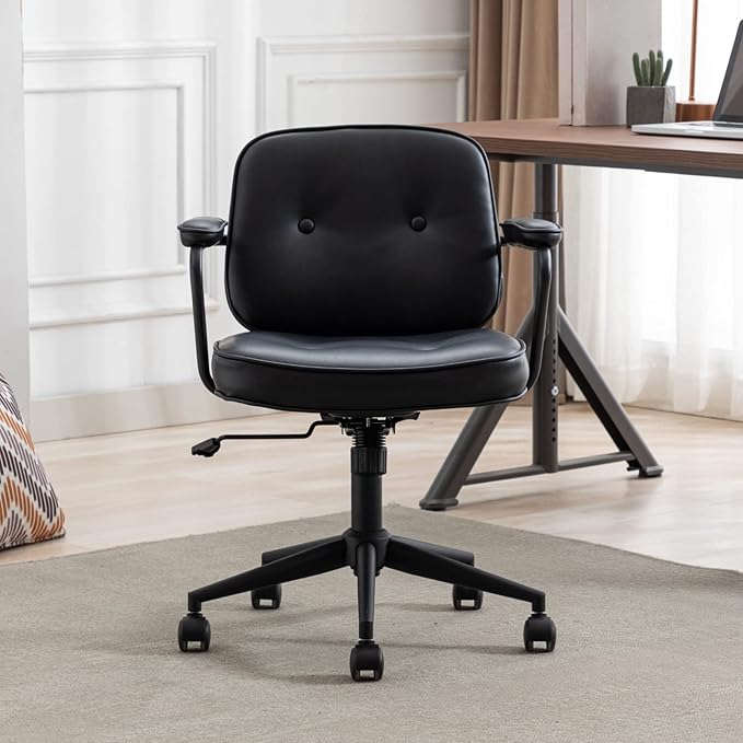 HEAH-YO Modern Armless Desk Chairs Set of 1, Swivel Computer Task Chair with Wheels and Armrests, PU Leather Adjustable Office Chair with Backrest for Home Base, Black