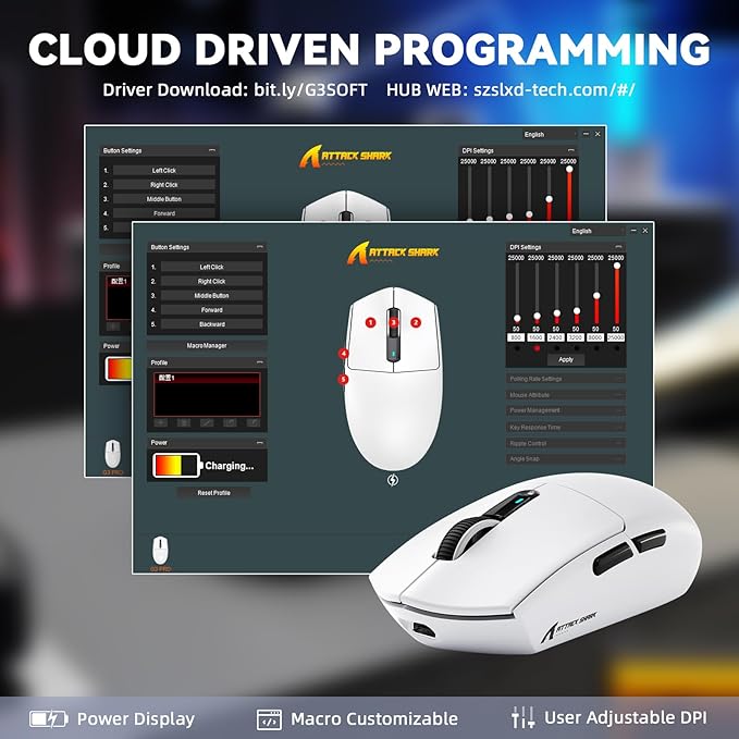 MAMBASNAKE ATTACK SHARK G3PRO Wireless Gaming Mouse, Tri-Mode, Bluetooth/2.4G/USB, 59g Ultra Lightweight,25K DPI,100M Clicks Switches,RGB Magnetic Charging Dock,PAW3311 Sensor,BK52820 Chip-White