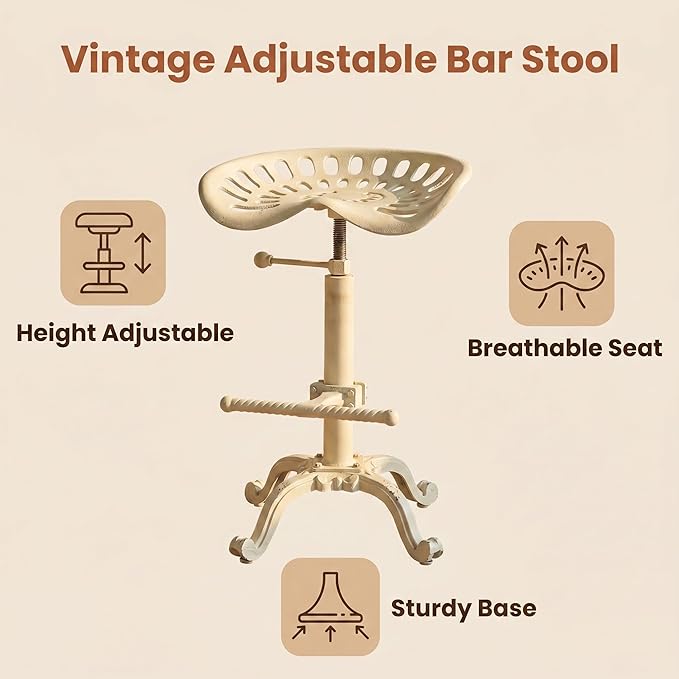 Diwhy Rustic Industrial Farmhouse Tractor Seat Adjustable Height 21.65-27.56in Bar Stool Industrial Bar Chair (Aged White, Cast Iron)