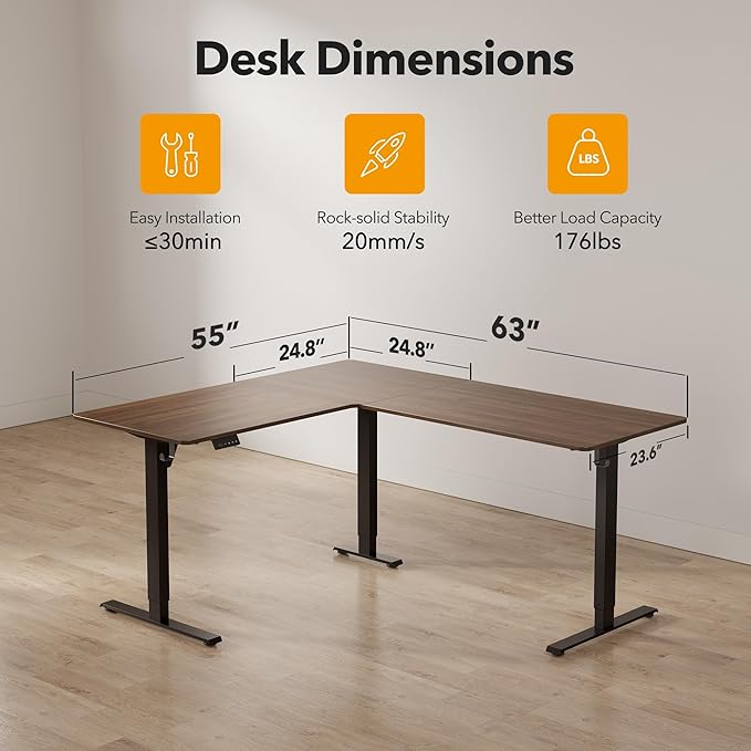 CubiCubi L Shaped Standing Desk 63 x 55 Inch Adjustable Height, Electric Corner Desk, Sit Stand Home Office Desk with Splice Board, Black Walnut