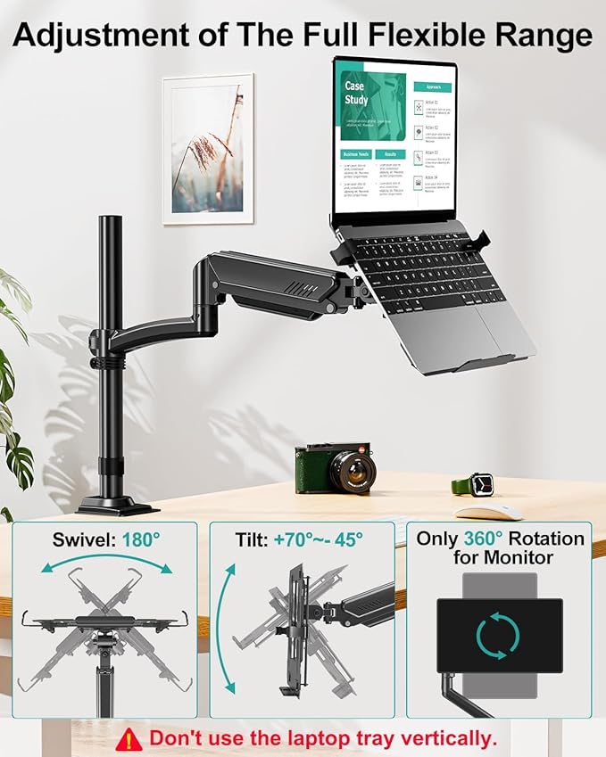 MOUNT PRO Laptop Arm Desk Mount, Single Monitor Stand with VESA Laptop Tray, Adjustable Lap Top Holder for Max 22lbs 17" Notebook & 32" Computer Screen, Swivel Notebook Bracket, Clamp on/Grommet Base
