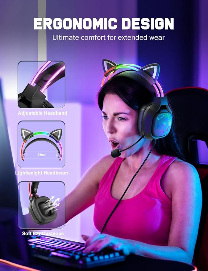 ONITOON Gaming Headset with Microphone, RGB Lights, Detachable Cat Ear, Lightweight Over-Ear Headphones with Adjustable Headband for PC, PS4, PS5, Mac, Switch, Surround Sound, in-Line Control, Black