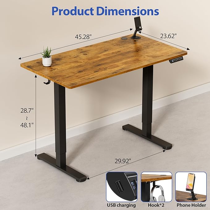 YESHOMY Height Adjustable Electric Standing Desk, 46 x 24 Inches Memory Home Office Sit Stand up Desk with Phone Holder and USB Charging Port, Rustic Brown