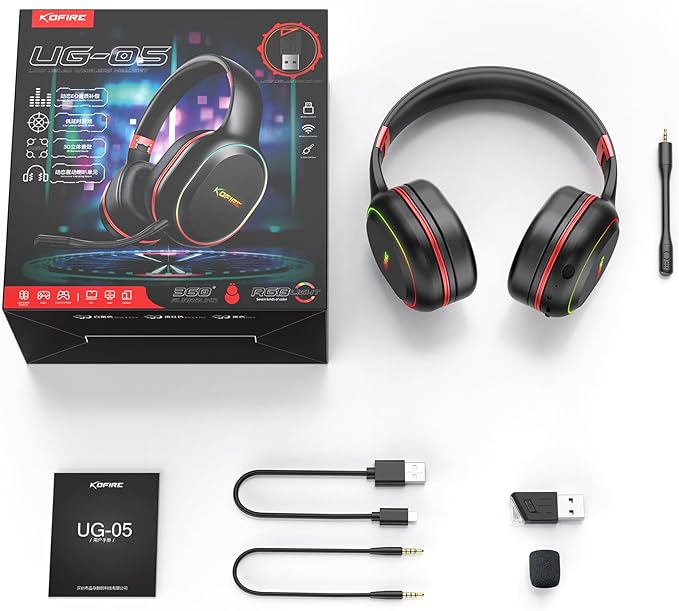 KOFIRE 2.4GHz/Wireless Gaming Headset, Bluetooth Gaming Headset for Nintendo Switch, PC, PS5, PS4, Vibration Feedback Over Ear Headphones with Noise Cancelling Mic, LED Light - Black
