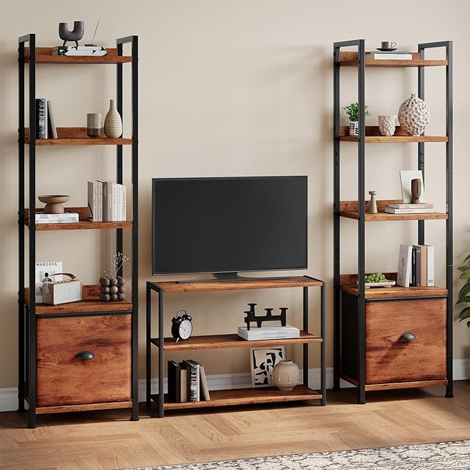 Sweetcrispy 5-Tier Bookshelf with Fabric Drawer, Wood-Metal Standing Display Shelf, Multi-Functional Organizer for Books, CDs and Movies, Suitable for Bedroom, Living Room, Brown
