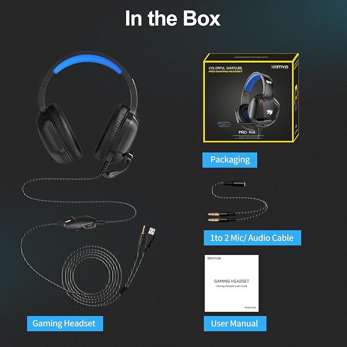 Gaming Headset with Microphone for Pc, Xbox One Series X/s, Ps4, Ps5, Switch, Stereo Wired Noise Cancelling Over-Ear Headphones with Mic, RGB, for Computer, Laptop, Mac, Nintendo (Blue)