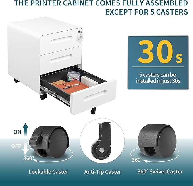 3 Drawer Under Desk Printer Stand with Lock, Mobile Rolling Printer Table for Home Office, Fully Pre-Assembled (Wheels Only to Attach), 4 Keys Included, White