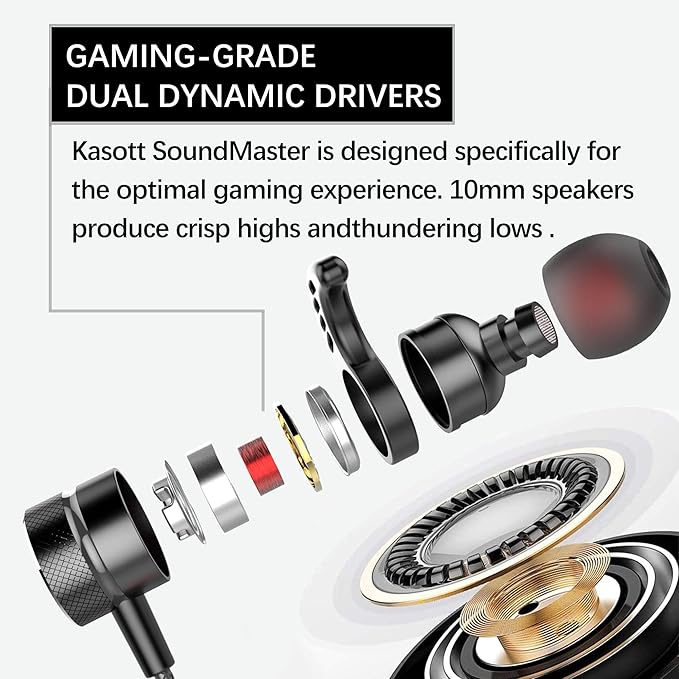 KASOTT SoundMaster Pro V1 - Gaming Earphones with Dual Audio Drivers,Battle Buds,in-Line Mic with Mute and Volume Control, Compatible with Xbox Series,Xbox One,PS5,PS4,Switch,Pc with 3.5mm Aux