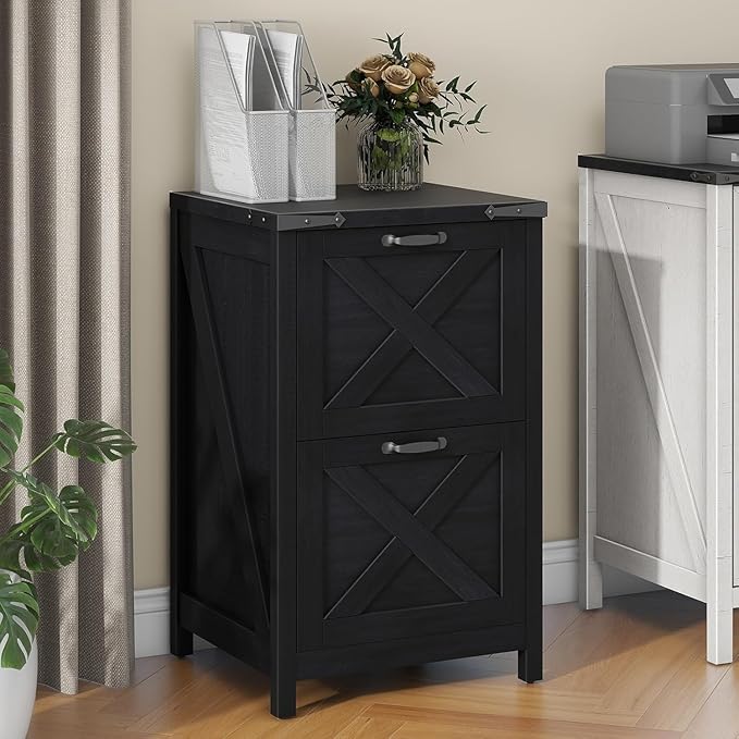 Vabches Vertical File Cabinet with 2 Drawers, Wooden Farmhouse Filing Cabinet for Letter/A4 Size Hanging Files, Under Desk Printer Stand with Storage for Home Office, Black