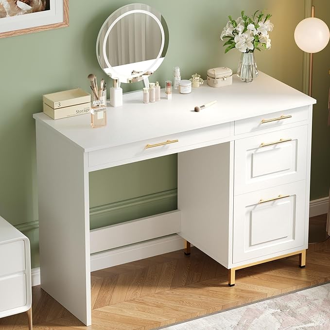 4 EVER WINNER White Desk with Drawers, 44 Inch Computer Desk with Storage and Golden Handle, Writing Desk Sturdy Table for Home Office, White and Gold Desk