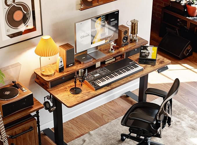 BANTI 55x24 Inch Electric Standing Desk with Dual Drawers, Height Adjustable Stand Up Table, Sit Stand Home Office Desk with Storage Shelf, Black Frame/Rustic Brown Top