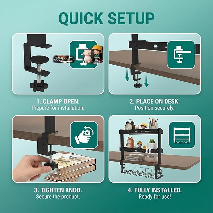 Clamp On Desk Shelf, 17'' 2-Tier Desktop Organizer Shelf with Under-Desk Hidden Storage Basket, Heavy-Duty Desk Shelves for Top of Desk, Space-Saving Desk Storage for Home Office Gaming Setup (Black)