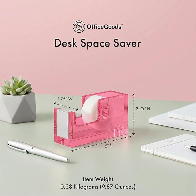 OfficeGoods Acrylic Tape Dispenser – Modern Desk Organizer for Office Supplies, Heavy Duty Refillable Tape Holder for Home and School Crafting, Stylish Desktop Accessory for Gift Wrapping, Pink