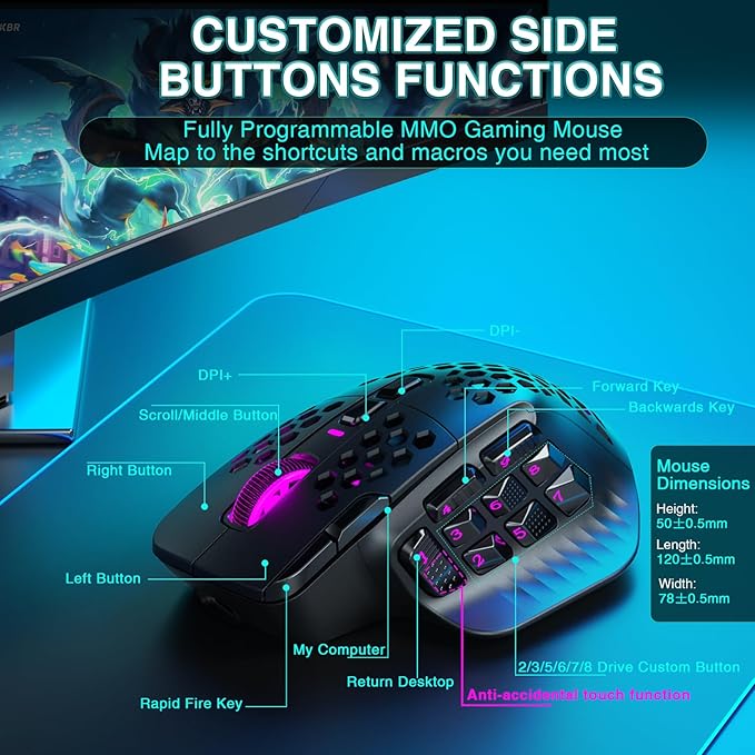 SOLAKAKA SM809 Pro Gaming Mouse with 9 Side Buttons,24000 DPI RGB Mouse for Gamer,16 Programmable Macros MMO Mouse,Black