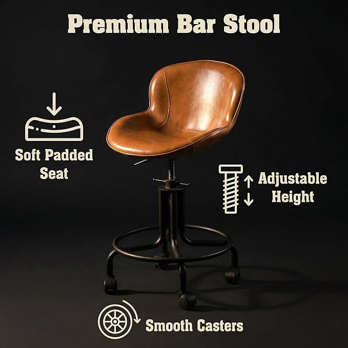 Topower Antique Industrial Design Metal Adjustable Height Kitchen Dining Breakfast Chair Industrial Style Bar Stool with Wheels, Fully Welded, Cinnamon PU Leather Seat