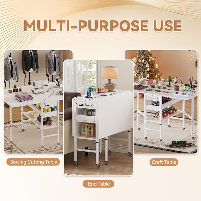 PAKASEPT Height Adjustable Sewing Cutting Table with Charging Station, Folding Craft Table with Storage,Movable Shelves for Large Fabric, Mobile Sewing Desk for Home Office Sewing/Craft Room,White