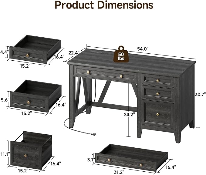 ONBRILL 54 Inch Farmhouse Executive Desk, Computer Desk with Drawers, Home Office Desk with Charging Station, for Working Studying Writing, Black