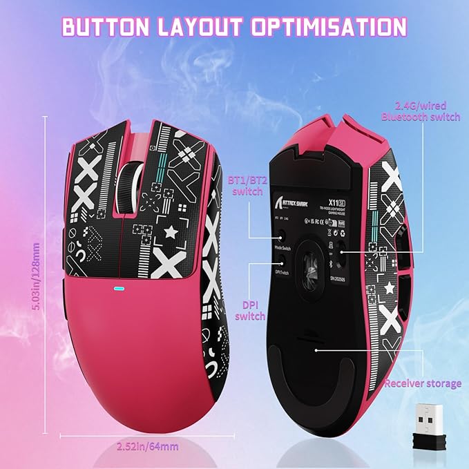 ATTACK SHARK X11SE Lightweight Wireless Gaming Mouse, 59g Tri-Mode BT/2.4G Wireless/Wired Gaming Mouse, PixArt PAW3311 Gaming Sensor, 22000 DPI, Office Mice with Tape for PC/Xbox/Win/Mac(Magenta)
