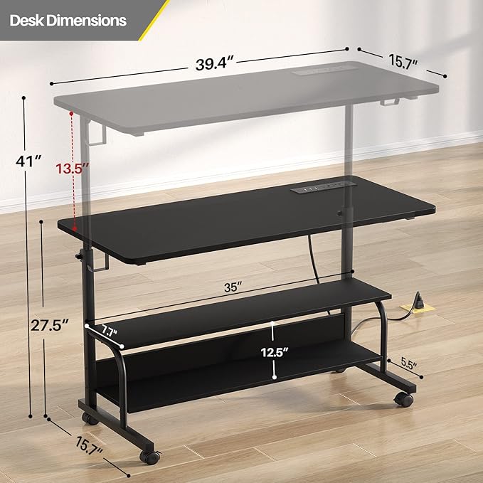 Armocity Rolling Standing Desk with Power Outlets, 39" Manual Height Adjustable Mobile Computer Desk with Wheels, Small Portable Sit Stand Laptop Couch Table for Bed & Sofa Home Office, Black