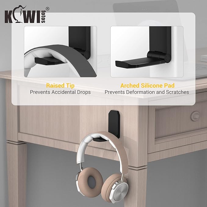 KIWIFOTOS Adhesive Desk Headphone Hanger, Foldable PC Gaming Headset Holder Stand, Adhesive Holder Mount for Wall, Headphones Hook Mount Under Desk - Black