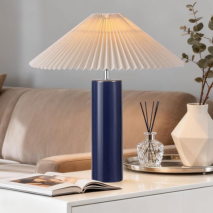 EOEYYOYB Ceramic Table Lamps for Bedroom Set of 2, Adjustable Shade Lamps for Night Stands, Modern Cylindrical Nightstand Table Lamps 5W E26 for Bedroom Bedside Buffet, Blue