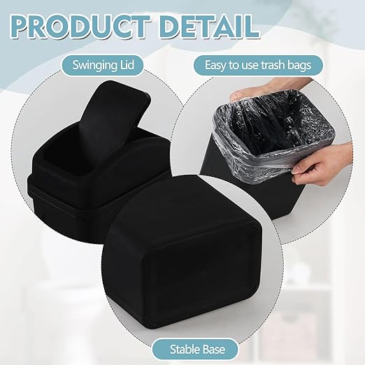 1.8 Gallon Plastic Bedroom Trash Can, Small Garbage Can with Swing Lid, Black