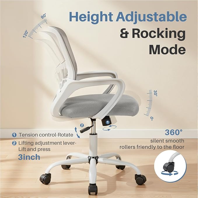 DUMOS Home Office Computer Chair - Ergonomic Mid Back Desk with Lumbar Support and Rocking Mode, Height Adjustable with Fixed Armrest, for Conference Meeting Room, 360° Swivel, Adults, Grey