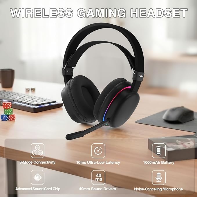 AULA G7 Wireless Gaming Headset with Detachable Noise Canceling Mic, 40mm Driver, BT5.3 Gaming Headphones with RGB Light, 10ms Latency, 60Hr Battery, PC Gaming Headset for PS5,PS4, Switch,Xbox,PC