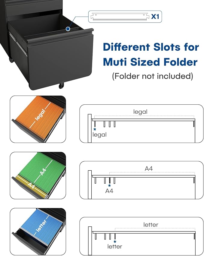 Dripex 3 Drawer Black File Cabinet, Mobile Under Desk Storage File Cabinet with Lock on Wheels, Letter/Legal Size,Fully Assembled, Small Short Vertical Metal Rolling Filing Cabinets for Home Office