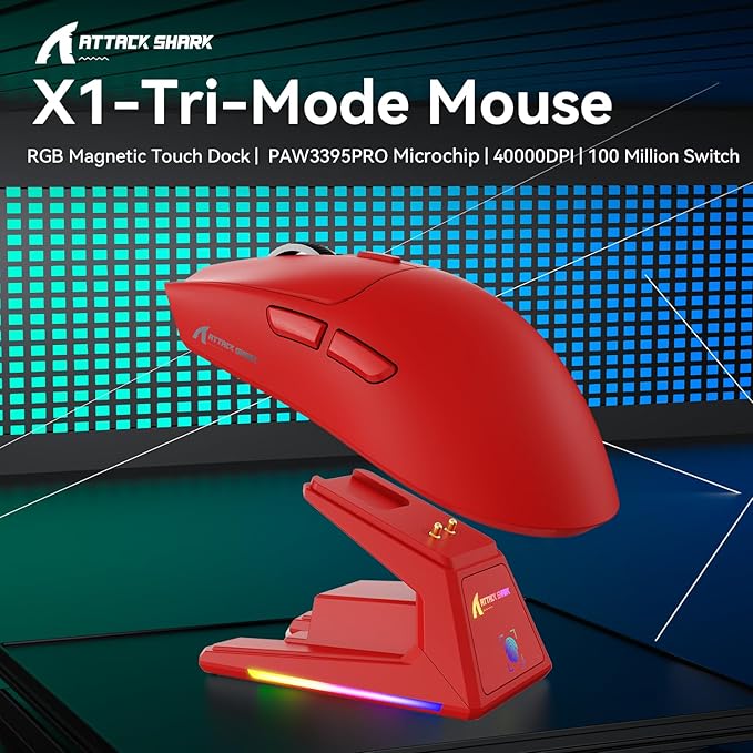 ATTACK SHARK X1 Superlight Wireless Gaming Mouse with RGB Magnetic Charging Dock, BT/2.4G Wireless/Wired Gaming Mouse, PAW3395PRO Gaming Sensor, 40000DPI, 53g Office Mice for PC/Mac/Win/Xbox (Red)
