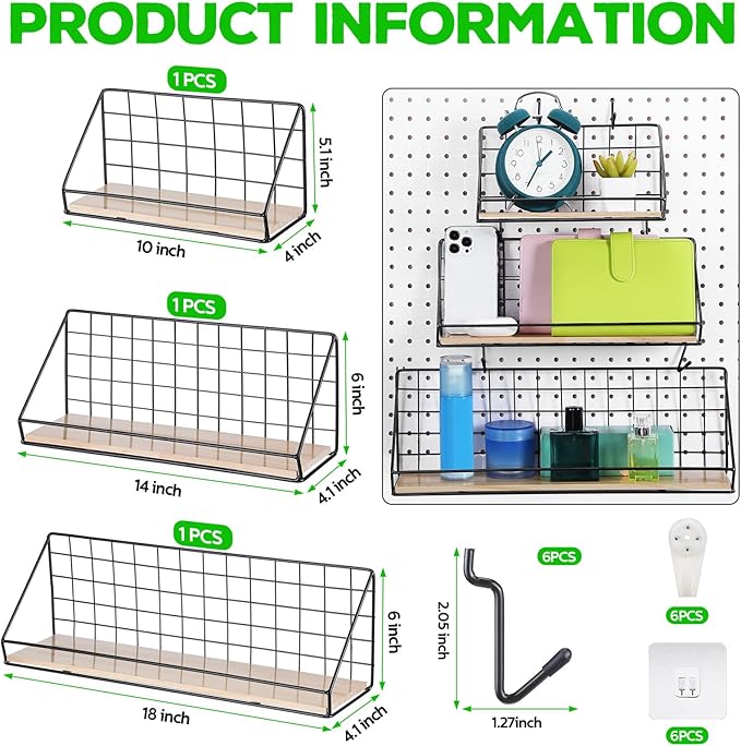 Roowest 3 Sets Metal Pegboard Shelves with Steel Peg Board Brackets and Hooks Wall Organizer Storage Display Tray Accessories for Craft Room Home Office Garage Nursery Workbench Kitchen(Black)