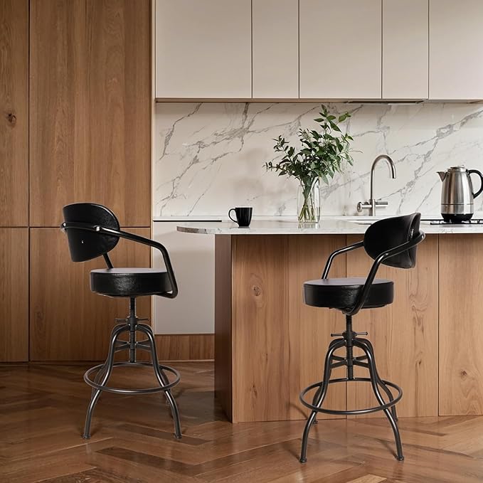 Industrial Office Chair with Backrest 21.7-25.6inch Height Adjustable Vintage Bar Stool with Swivel PU Seat Rustic Drafting Drawing Chair for Workbench Office Desk